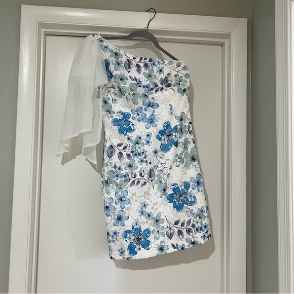 Blue/White Embroidered One Shoulder Mini Dress - Picture 2 of 9